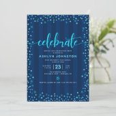 Modern blauw glitter script chic girly afstuderen kaart (Staand voorkant)