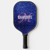 Modern blauw glitter script monogram naam pickleball paddle (Voorkant)