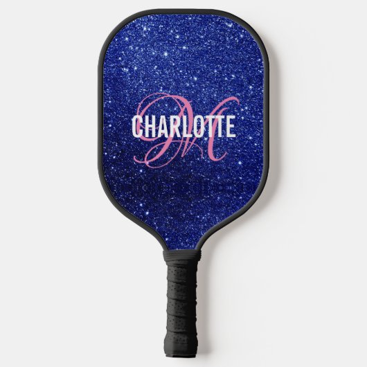 Modern blauw glitter script monogram naam pickleball paddle (Achterkant)