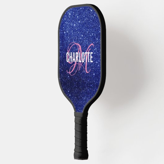 Modern blauw glitter script monogram naam pickleball paddle (Links)