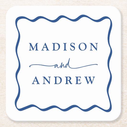 Modern Blauw Golvend Lijst Bruiloft Kartonnen Onderzetters (Voorkant)