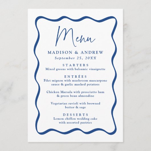 Modern Blauw Golvend Lijst Bruiloft Menu (Voorkant)