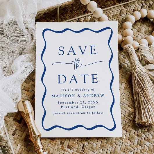 Modern Blauw Golvend Lijst Bruiloft Save The Date