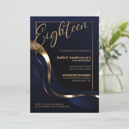 Modern Blauw Goud 18e Verjaardagsfeestje Kaart (Staand voorkant)