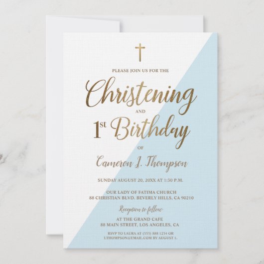 Modern blauw goud 1e verjaardag doop kaart (Voorkant)