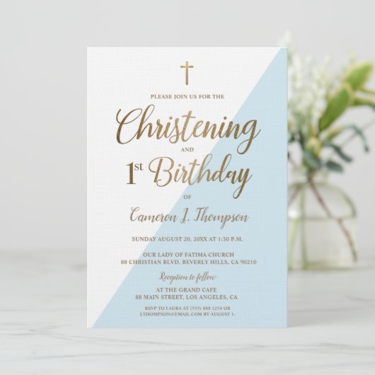 Modern blauw goud 1e verjaardag doop kaart (Staand voorkant)