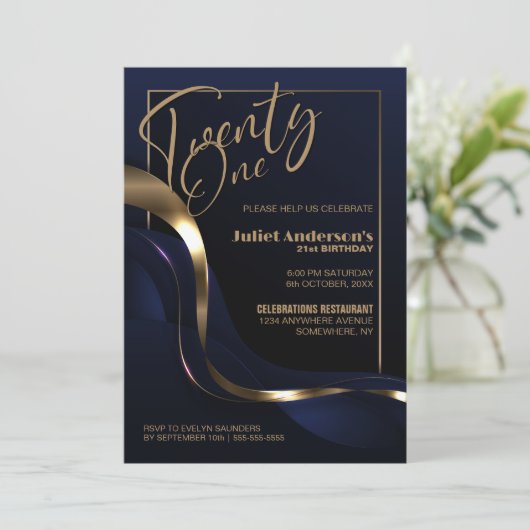 Modern Blauw Goud 21e Verjaardagsfeest Kaart (Staand voorkant)