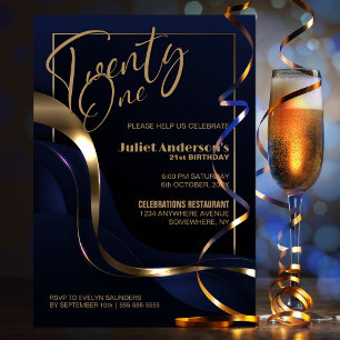 Modern Blauw Goud 21e Verjaardagsfeest Kaart