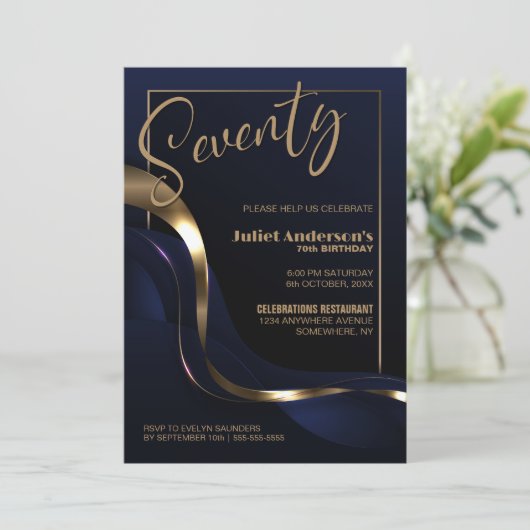 Modern Blauw Goud 70e Verjaardagsfeestje Kaart (Staand voorkant)
