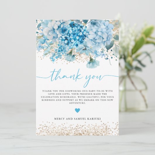 Modern Blauw Goud Bloemen Baby shower Welkomstbord Bedankkaart (Staand voorkant)
