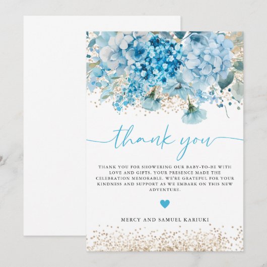 Modern Blauw Goud Bloemen Baby shower Welkomstbord Bedankkaart (Voorkant / Achterkant)