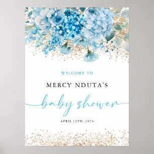 Modern Blauw Goud Bloemen Baby shower Welkomstbord Poster