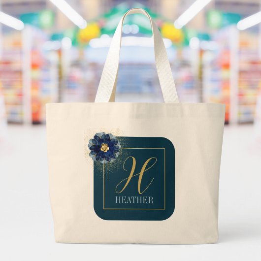 Modern Blauw Goud Bloemen Naam en Monogram Canvas  Grote Tote Bag