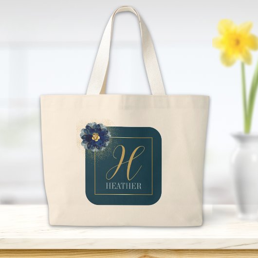 Modern Blauw Goud Bloemen Naam en Monogram Canvas  Grote Tote Bag