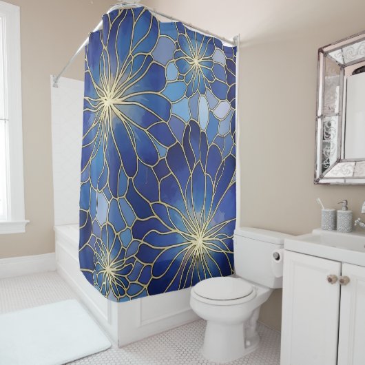 Modern Blauw Goud Bloemmotief Douchegordijn (In situ)