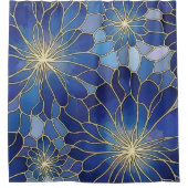 Modern Blauw Goud Bloemmotief Douchegordijn (Voorkant)