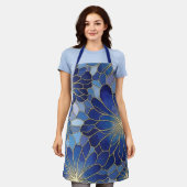Modern Blauw Goud Bloemmotief Schort (Gedragen)