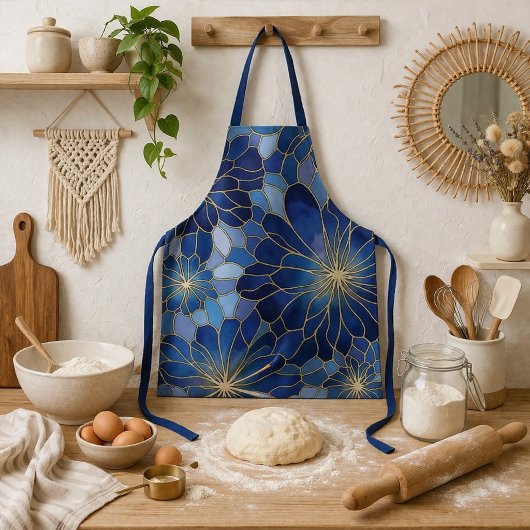 Modern Blauw Goud Bloemmotief Schort