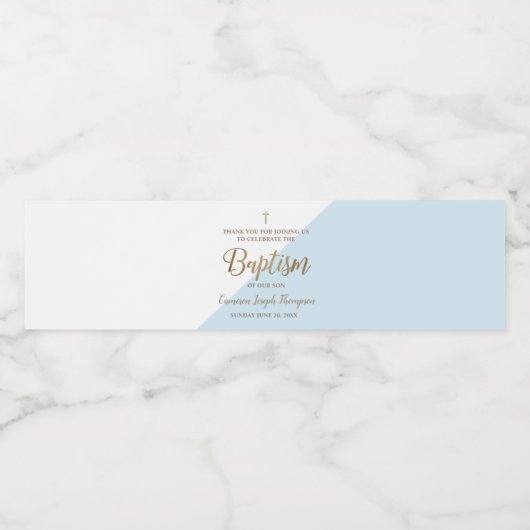 Modern blauw goud doopschrift dank u waterfles etiket (Enkel label)