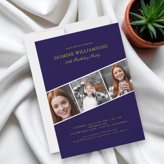 Modern blauw goud drie foto collage verjaardag kaart