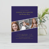 Modern blauw goud drie foto collage verjaardag kaart (Staand voorkant)