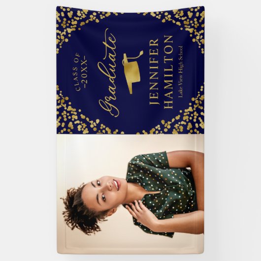 Modern blauw goud foto Afstuderen banner (Verticaal)