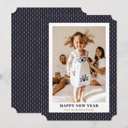 Modern Blauw Goud Foto Gelukkig Nieuwjaar Kaart (Voorkant / Achterkant)