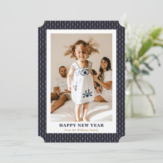 Modern Blauw Goud Foto Gelukkig Nieuwjaar Kaart (Staand voorkant)