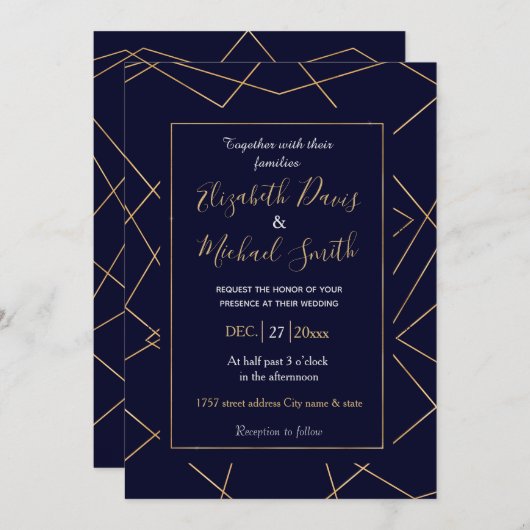 Modern Blauw Goud Geometrisch Lijnenontwerp Kaart (Voorkant / Achterkant)