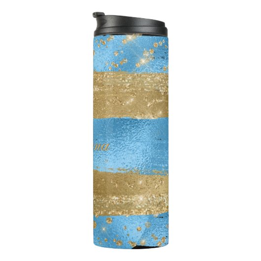 Modern Blauw Goud Glitter Script Naam Thermosbeker (Geroteerd rechts)