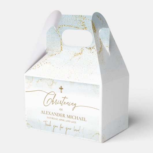 Modern Blauw Goud Kruis Dank je jongen doop Bedankdoosjes (Achterkant)