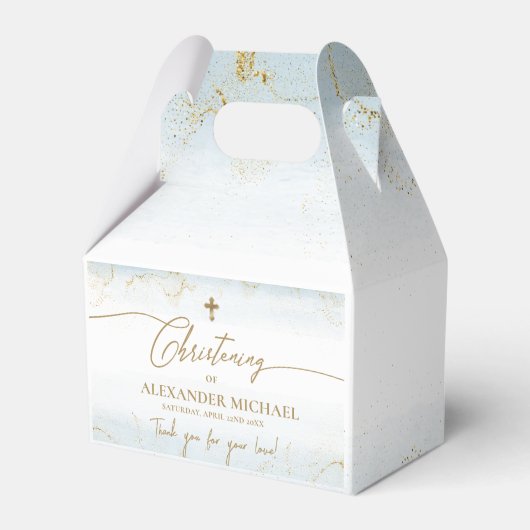 Modern Blauw Goud Kruis Dank je jongen doop Bedankdoosjes (Voorkant Zijde)