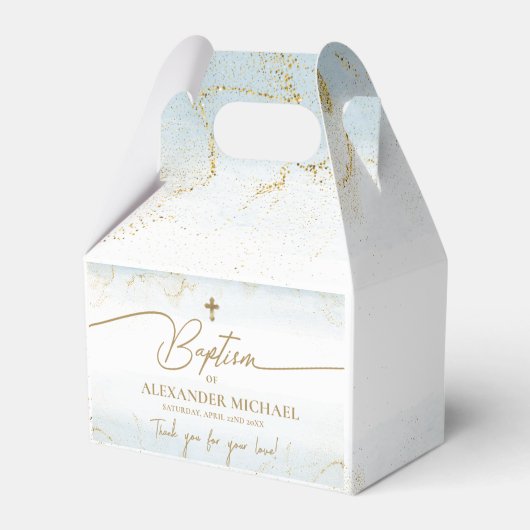 Modern Blauw Goud Kruis Dank u Jongen Doop Bedankdoosjes (Achterkant)