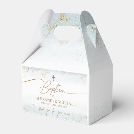 Modern Blauw Goud Kruis Dank u Jongen Doop Bedankdoosjes (Voorkant Zijde)