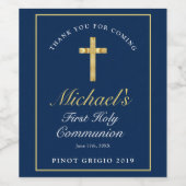 Modern Blauw Goud Kruis Jongens 1e Communie Welkom Wijn Etiket (Enkel label)