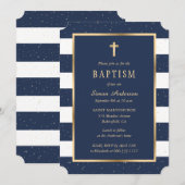 Modern Blauw Goud Kruis Sterren Jongensdoop Kaart (Voorkant / Achterkant)