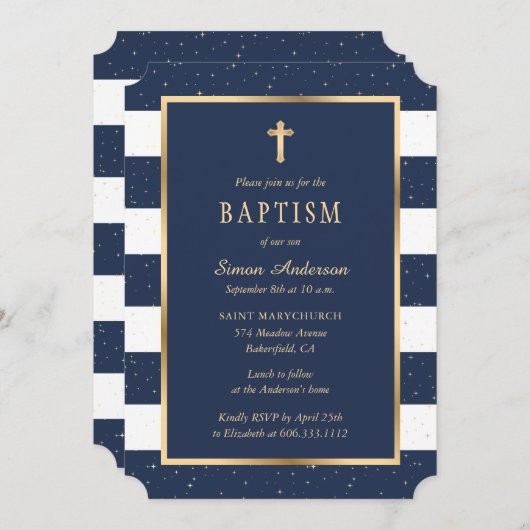 Modern Blauw Goud Kruis Sterren Jongensdoop Kaart (Voorkant / Achterkant)
