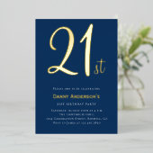 Modern blauw goud minimaal stijlvol 21e verjaardag folie uitnodiging (Staand Voorkant)