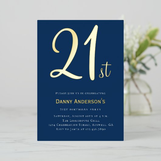 Modern blauw goud minimaal stijlvol 21e verjaardag folie uitnodiging (Staand Voorkant)