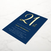 Modern blauw goud minimaal stijlvol 21e verjaardag folie uitnodiging (Gedraaid)