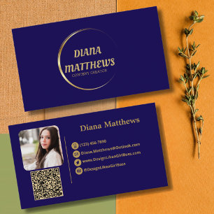 Modern Blauw Goud, QR Code Professionele Foto Visitekaartje