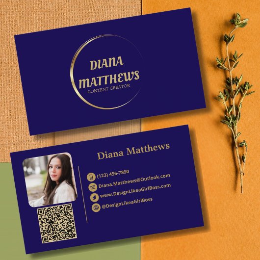 Modern Blauw Goud, QR Code Professionele Foto Visitekaartje
