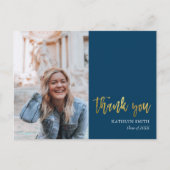Modern blauw goud script foto Afstuderen dank u Briefkaart (Voorkant)