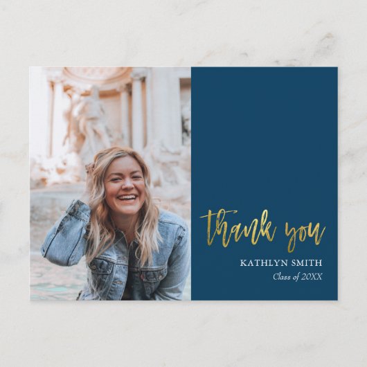 Modern blauw goud script foto Afstuderen dank u Briefkaart (Voorkant)