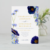 Modern Blauw Goud Wildbloem Waterverf Bruiloft Folie Uitnodiging (Staand Voorkant)