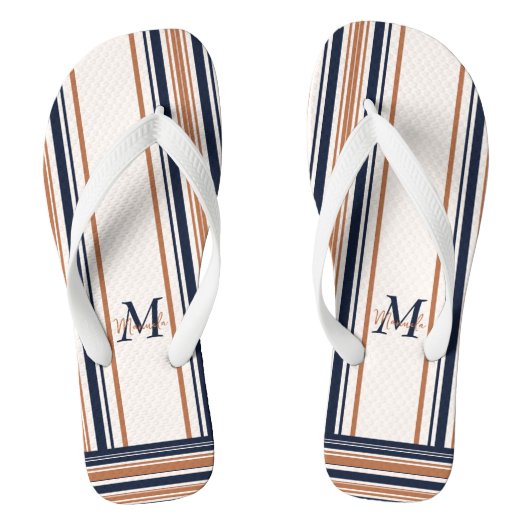 Modern Blauw & Goud Wit Strepen Monogram Teenslippers (Voetbed)