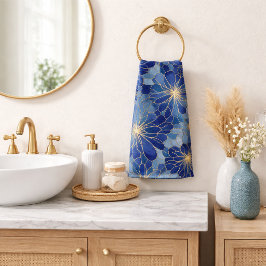 Modern Blauw Gouden Bloemmotief Bad Handdoek