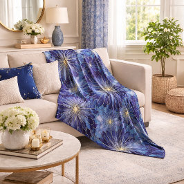 Modern Blauw Gouden Bloemmotief Fleece Deken