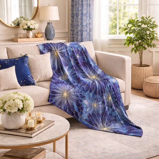 Modern Blauw Gouden Bloemmotief Fleece Deken