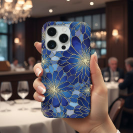 Modern Blauw Gouden Bloemmotief iPhone 15 Pro Case